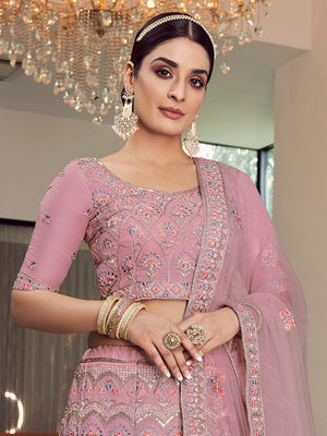 Rajwada Women Pink Embroidered Organza Semi Stitched Lehenga With Unstitched Blouse