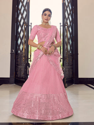 Rajwada Women Pink Embroidered Georgette Semi Stitched Lehenga With Unstitched Blouse