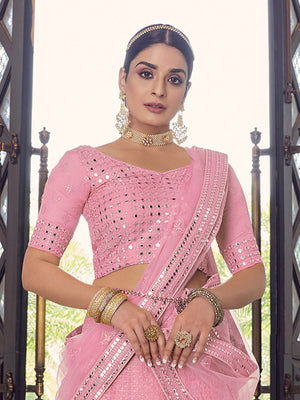 Rajwada Women Pink Embroidered Georgette Semi Stitched Lehenga With Unstitched Blouse
