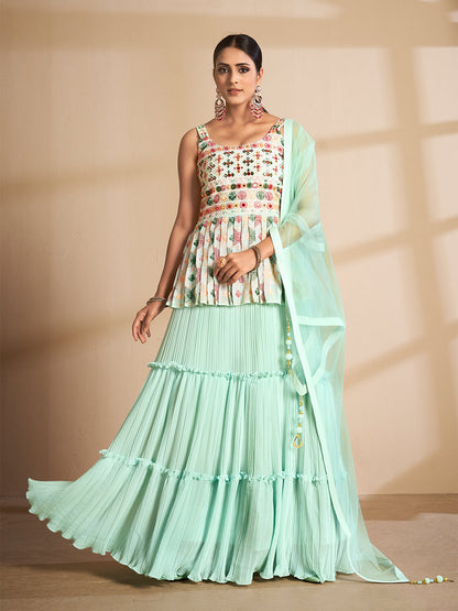 Rajwada Women Sea Green Embroidered Georgette Semi Stitched Lehenga With Unstitched Blouse