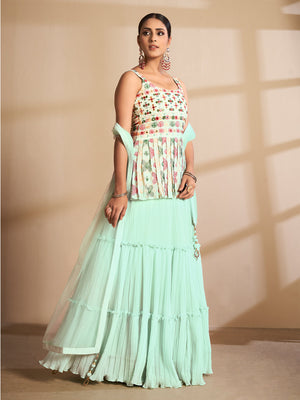 Rajwada Women Sea Green Embroidered Georgette Semi Stitched Lehenga With Unstitched Blouse