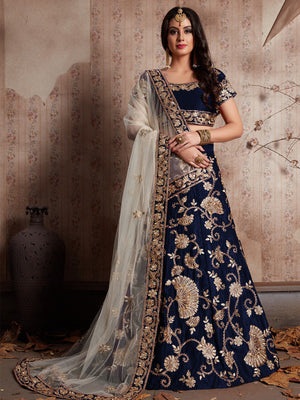 Rajwada Women Dark Blue Embroidered Semi Stitched Lehenga With Unstitched Blouse