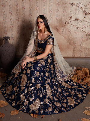 Rajwada Women Dark Blue Embroidered Semi Stitched Lehenga With Unstitched Blouse