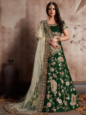 Rajwada Women Dark Green Embroidered Semi Stitched Lehenga With Unstitched Blouse