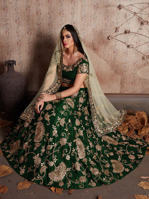 Rajwada Women Dark Green Embroidered Semi Stitched Lehenga With Unstitched Blouse