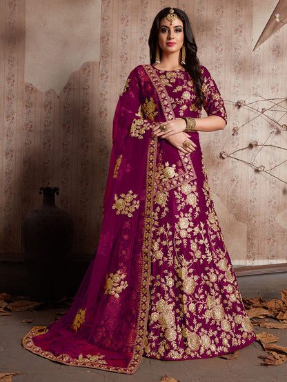 Rajwada Purple Embroidered Velvet Semi Stitched Lehenga With Blouse For Women