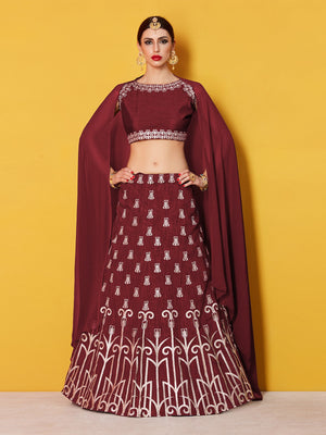 Rajwada Women Maroon Embroidered Semi Stitched Lehenga With Unstitched Blouse
