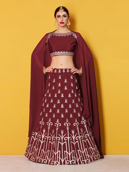 Rajwada Women Maroon Embroidered Semi Stitched Lehenga With Unstitched Blouse