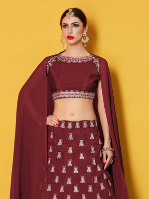Rajwada Women Maroon Embroidered Semi Stitched Lehenga With Unstitched Blouse
