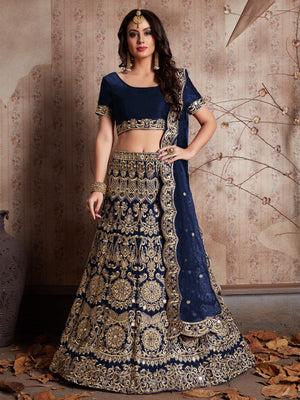 Rajwada Women Dark Blue Embroidered Semi Stitched Lehenga With Unstitched Blouse