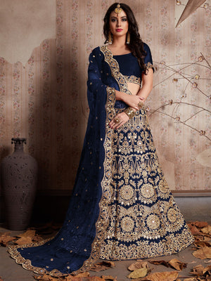 Rajwada Women Dark Blue Embroidered Semi Stitched Lehenga With Unstitched Blouse