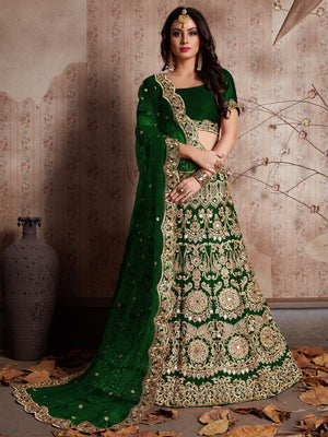 Rajwada Women Dark Green Embroidered Semi Stitched Lehenga With Unstitched Blouse