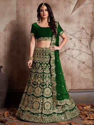 Rajwada Women Dark Green Embroidered Semi Stitched Lehenga With Unstitched Blouse