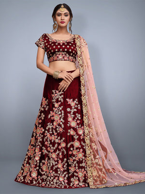 Rajwada Women Maroon Embroidered Semi Stitched Lehenga With Unstitched Blouse