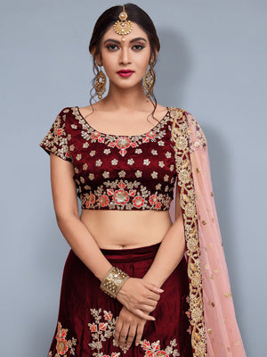 Rajwada Women Maroon Embroidered Semi Stitched Lehenga With Unstitched Blouse