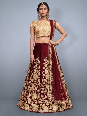 Rajwada Women Maroon Embroidered Semi Stitched Lehenga With Unstitched Blouse