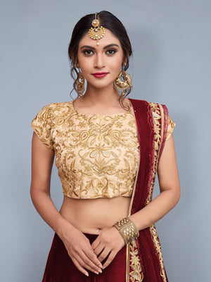 Rajwada Women Maroon Embroidered Semi Stitched Lehenga With Unstitched Blouse