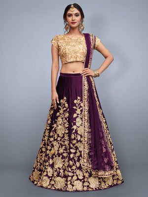 Rajwada Women Voilet Embroidered Semi Stitched Lehenga With Unstitched Blouse