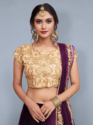 Rajwada Women Voilet Embroidered Semi Stitched Lehenga With Unstitched Blouse