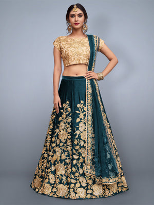 Rajwada Women Teal Embroidered Semi Stitched Lehenga With Unstitched Blouse