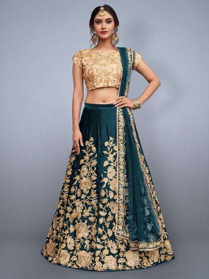 Rajwada Women Teal Embroidered Semi Stitched Lehenga With Unstitched Blouse