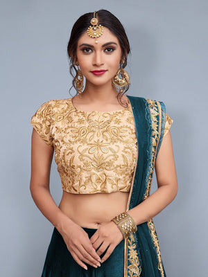 Rajwada Women Teal Embroidered Semi Stitched Lehenga With Unstitched Blouse