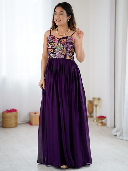 Rajwada Dark Purple Georgette Embroidered Gown For Women