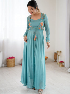 Rajwada Sky Blue Georgette Embroidered Gown For Women