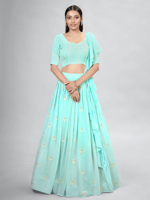 Rajwada Blue Georgette Printed Semi Stitched Lehenga With Unstitched Blouse For Women
