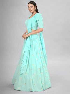 Rajwada Blue Georgette Printed Semi Stitched Lehenga With Unstitched Blouse For Women