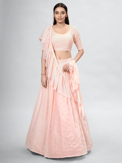 Rajwada Peach Georgette Printed Semi Stitched Lehenga With Unstitched Blouse For Women