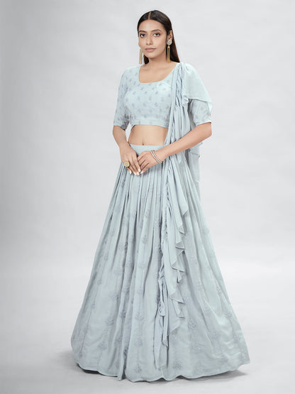 Rajwada Grey Georgette Printed Semi Stitched Lehenga With Unstitched Blouse For Women