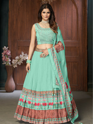 Rajwada Sea Green Chinon Embellished Stitched Lehenga Set For Women