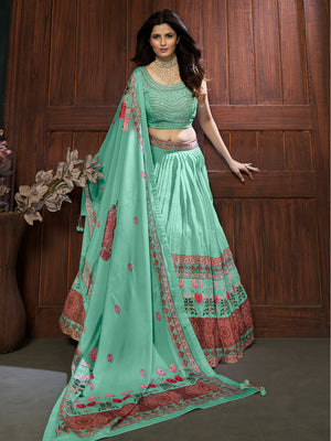 Rajwada Sea Green Chinon Embellished Stitched Lehenga Set For Women