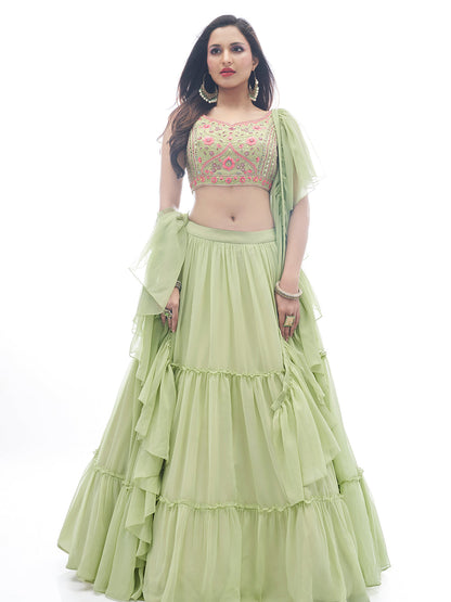 Rajwada Green Georgette Embellished Stitched Lehenga With Stitched Blouse For Women
