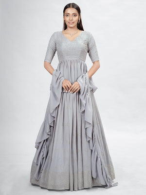Rajwada Grey Georgette Printed Semi Stitched Lehenga With Unstitched Blouse For Women