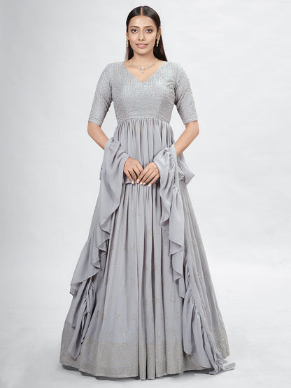 Rajwada Grey Georgette Printed Semi Stitched Lehenga With Unstitched Blouse For Women