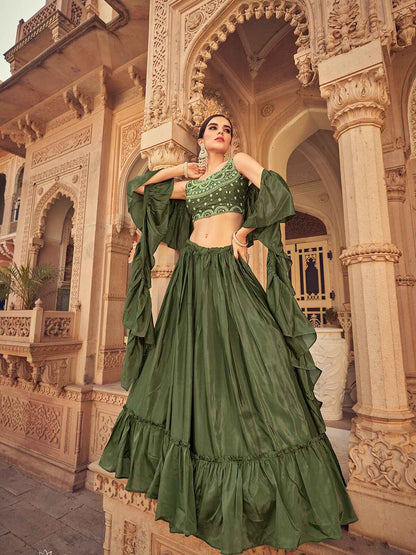 Rajwada Olive Chinon Embellished Semi Stitched Lehenga With Unstitched Blouse For Women