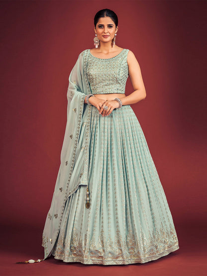 Rajwada Light Blue Georgette Embellished Stitched Lehenga Set For Women