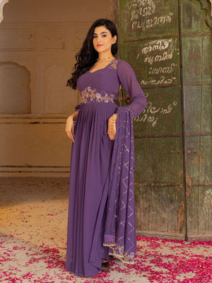 Rajwada Dusty Purple Georgette Sequins Embroidered Stitched Gown For Women