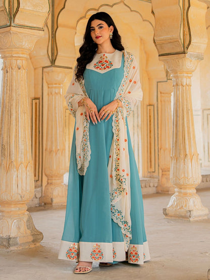 Rajwada Sky Blue Georgette Sequins Embroidered Stitched Gown For Women