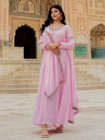 Rajwada Light Pink Georgette Thread Embroidered Stitched Gown For Women