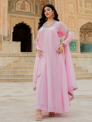 Rajwada Light Pink Georgette Thread Embroidered Stitched Gown For Women