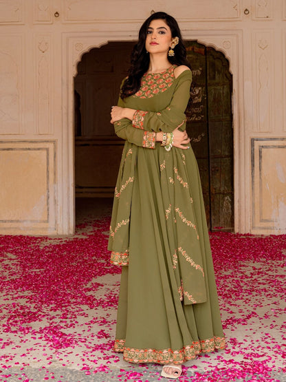 Rajwada Olive Green Georgette Embroidered Stitched Gown For Women