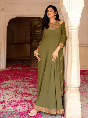 Rajwada Olive Green Georgette Embroidered Stitched Gown For Women