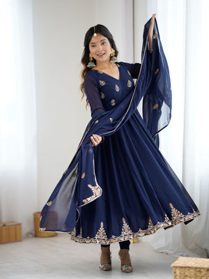 Rajwada Navy Blue Georgette Embroidered Stitched Kurta Set For Women