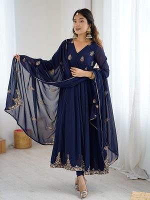 Rajwada Navy Blue Georgette Embroidered Stitched Kurta Set For Women