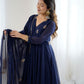 Rajwada Navy Blue Georgette Embroidered Stitched Kurta Set For Women