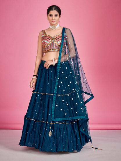 Rajwada Navy Blue Georgette Embellished  Stitched Lehenga Set  For Women
