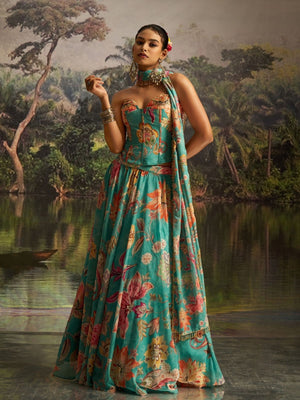 Rajwada Turquoise Georgette Printed Stitched Lehenga For Women